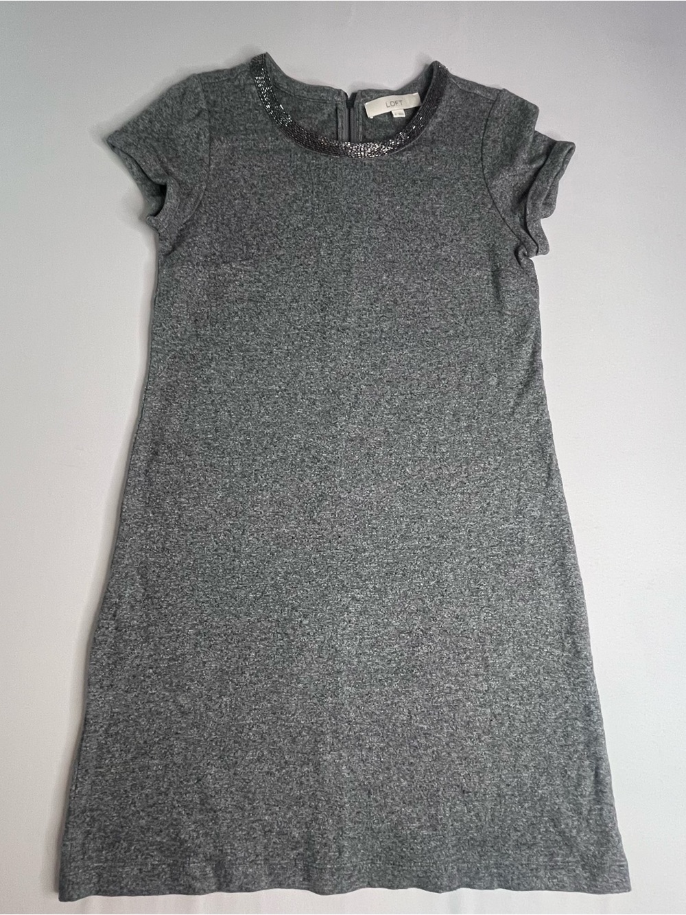 Ann Taylor Loft Beaded Neckline Gray Short Sleeve Dress
